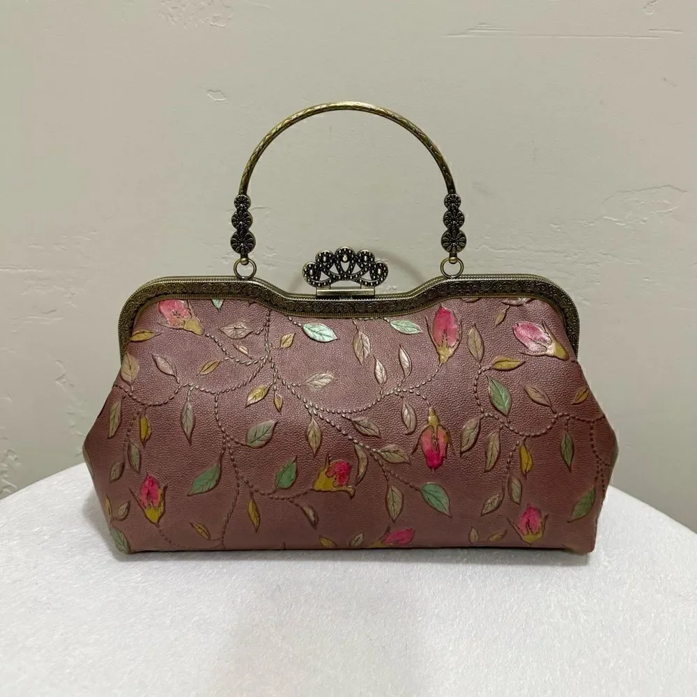 Handmade Vintage Style Genuine Embossed Cowhide Crown Shade Closure Satchel